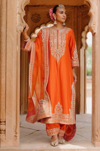 Burnt orange embroidered silk chanderi long kurti set