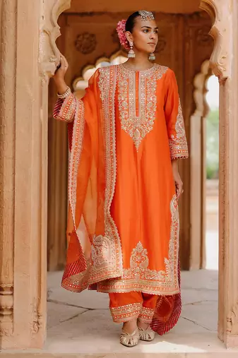 Burnt orange embroidered silk chanderi long kurti set