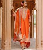 Burnt orange embroidered silk chanderi long kurti set