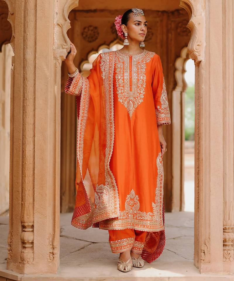 Burnt orange embroidered silk chanderi long kurti set