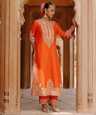 Burnt orange embroidered silk chanderi long kurti set 2