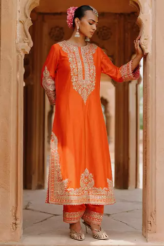 Burnt orange embroidered silk chanderi long kurti set