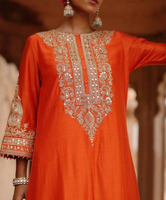 Burnt orange embroidered silk chanderi long kurti set 3