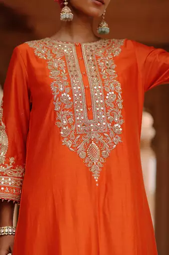 Burnt orange embroidered silk chanderi long kurti set