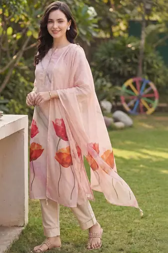 Women Floral Printed Regular Linen Kurta with Trousers & With Dupatta