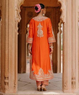Burnt orange embroidered silk chanderi long kurti set 4