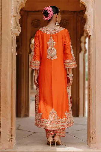 Burnt orange embroidered silk chanderi long kurti set