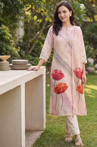 Women Floral Printed Regular Linen Kurta with Trousers & With Dupatta