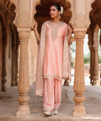 Pink embroidered silk chanderi anarkali set 1