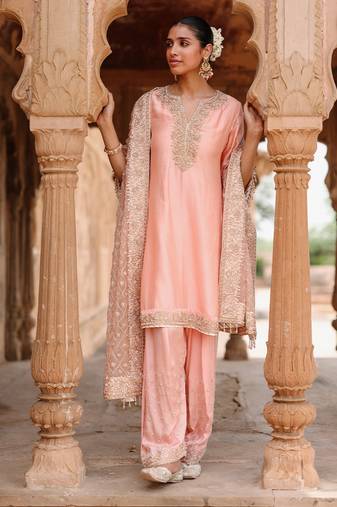 Pink embroidered silk chanderi anarkali set