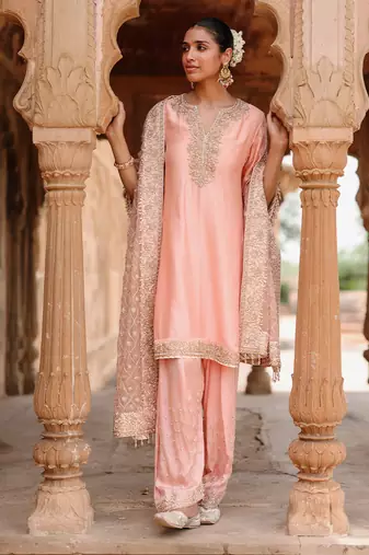 Pink embroidered silk chanderi anarkali set