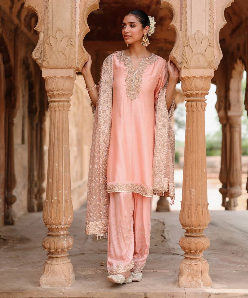 Pink embroidered silk chanderi anarkali set