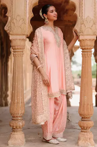 Pink embroidered silk chanderi anarkali set