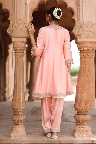 Pink embroidered silk chanderi anarkali set