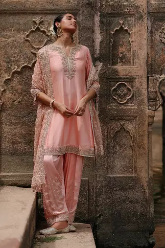 Pink embroidered silk chanderi anarkali set