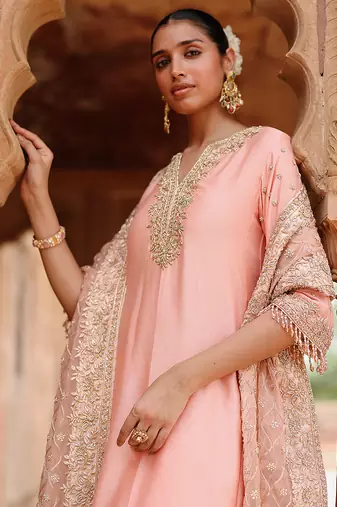 Pink embroidered silk chanderi anarkali set