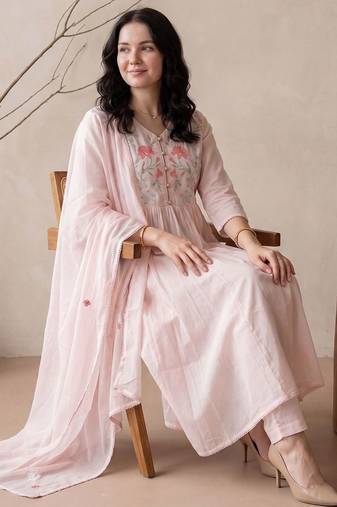 women floral embroidered empire thread work  cotton kurta with trousers & with dupatta