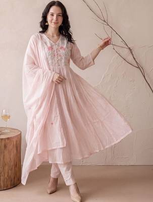 Women Floral Embroidered Empire Thread Work Pure Cotton Kurta with Trousers & With Dupatta 2