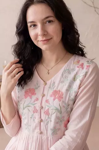 Women Floral Embroidered Empire Thread Work Pure Cotton Kurta with Trousers & With Dupatta