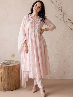 Women Floral Embroidered Empire Thread Work Pure Cotton Kurta with Trousers & With Dupatta 6