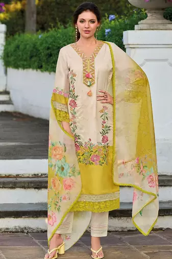 Floral Embroidered Mirror Work Straight Kurta With Trousers & Dupatta