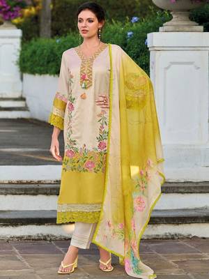 Floral Embroidered Mirror Work Straight Kurta With Trousers & Dupatta 1