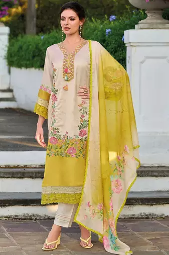 Floral Embroidered Mirror Work Straight Kurta With Trousers & Dupatta