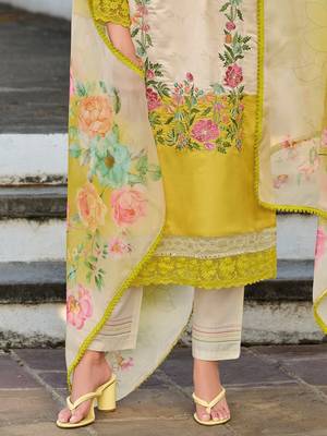 Floral Embroidered Mirror Work Straight Kurta With Trousers & Dupatta 6