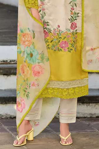 Floral Embroidered Mirror Work Straight Kurta With Trousers & Dupatta