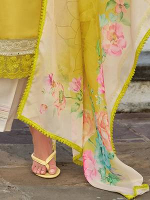 Floral Embroidered Mirror Work Straight Kurta With Trousers & Dupatta 7