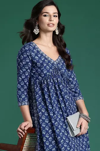 Floral Printed Empire Pure Cotton Kurta with Trousers