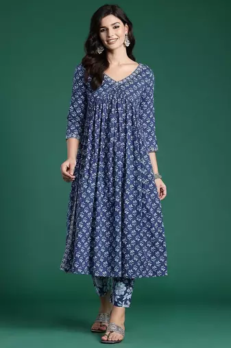 Floral Printed Empire Pure Cotton Kurta with Trousers