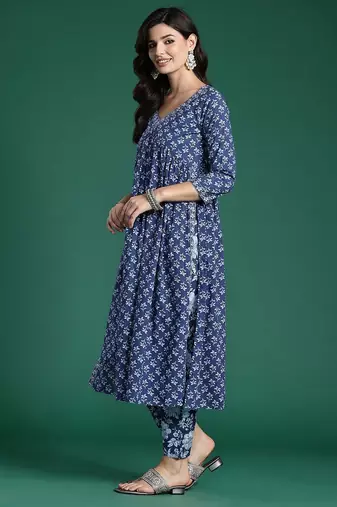 Floral Printed Empire Pure Cotton Kurta with Trousers