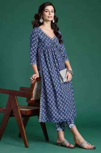 Floral Printed Empire Pure Cotton Kurta with Trousers