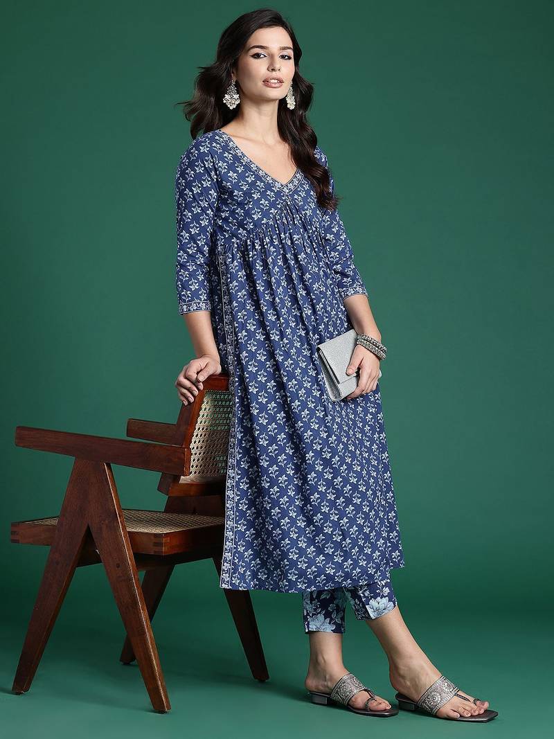 Floral Printed Empire Pure Cotton Kurta with Trousers