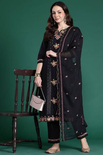 floral embroidered  cotton kurta with trousers & dupatta