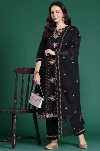 Floral Embroidered Pure Cotton Kurta with Trousers & Dupatta