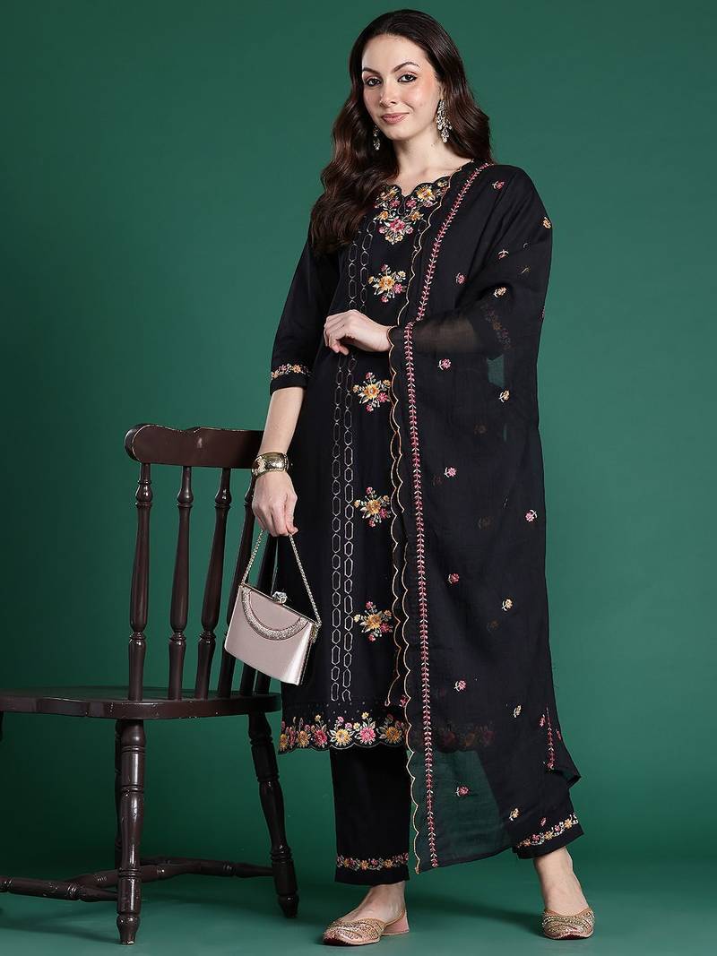 Floral Embroidered Pure Cotton Kurta with Trousers & Dupatta