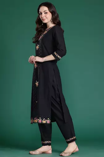 Floral Embroidered Pure Cotton Kurta with Trousers & Dupatta