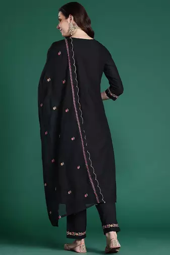 Floral Embroidered Pure Cotton Kurta with Trousers & Dupatta