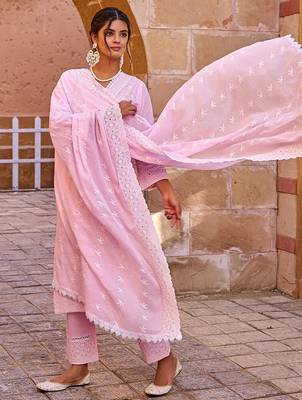 Women Ethnic Motifs Embroidered Cotton Kurta with Trousers & Dupatta 1
