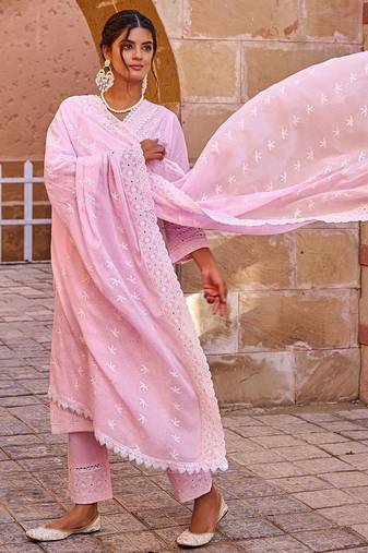Women Ethnic Motifs Embroidered Cotton Kurta with Trousers & Dupatta