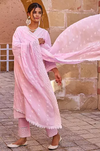 Women Ethnic Motifs Embroidered Cotton Kurta with Trousers & Dupatta