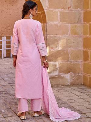 Women Ethnic Motifs Embroidered Cotton Kurta with Trousers & Dupatta 6