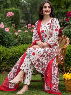 Women Floral Printed Regular Pure Cotton Kurta with Trousers & With Dupatta 1
