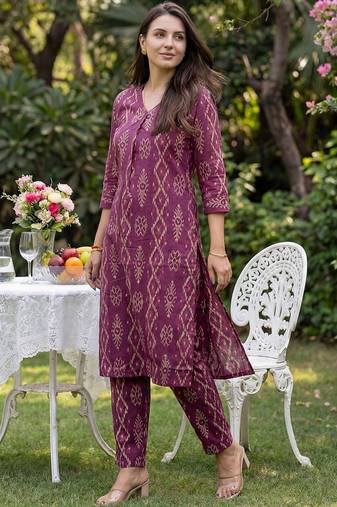 women ethnic motifs printed regular  cotton kurta with trousers