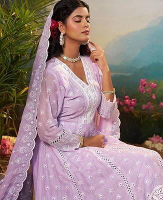 Floral Embroidered Pure Cotton Anarkali Kurta With Trousers & Dupatta 2