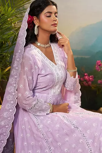 Floral Embroidered Pure Cotton Anarkali Kurta With Trousers & Dupatta