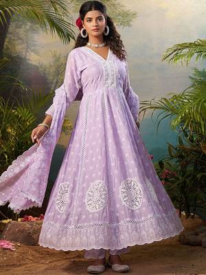 Floral Embroidered Pure Cotton Anarkali Kurta With Trousers & Dupatta 1