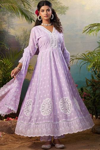 floral embroidered  cotton anarkali kurta with trousers & dupatta